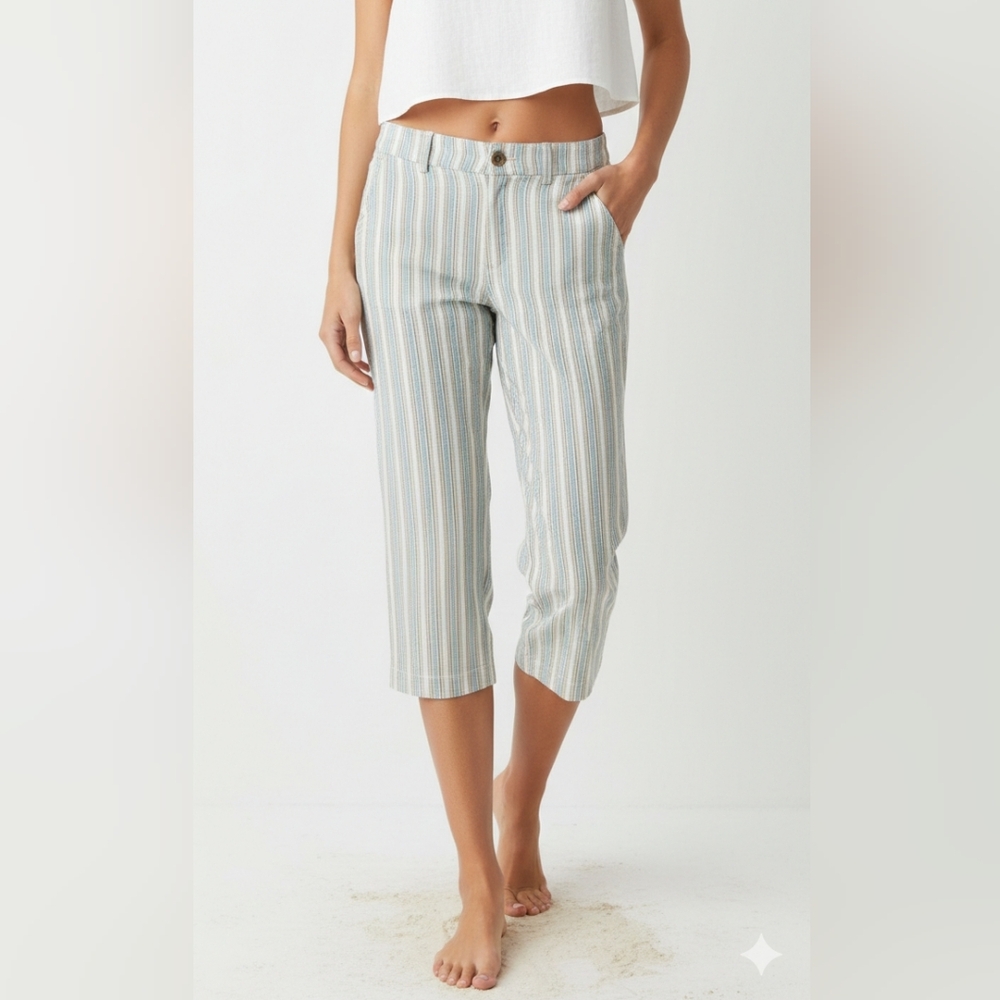Liz Claiborne Michaela Blue Tan Striped Cropped Casual Pants 12